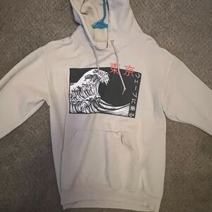 Beige Graphic Wave Hoodie with Japanese Text - Men